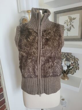 CAbi Brown Taupe Faux-Fur Knit Zip Vest
